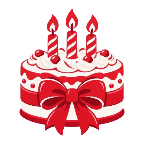 Kue ulang tahun merah putih dengan tiga lilin dan pita merah.