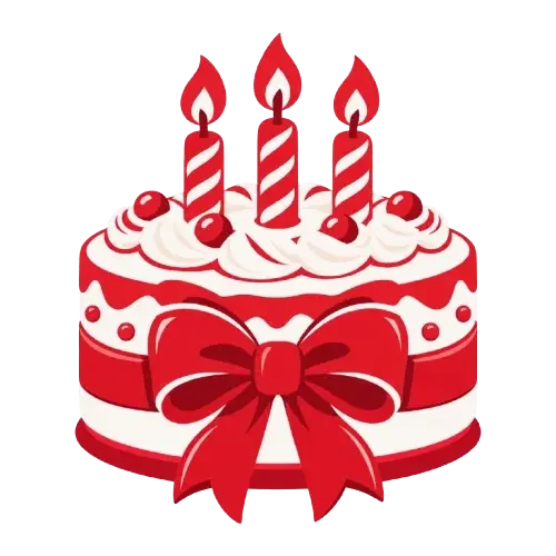 Kue ulang tahun merah putih dengan tiga lilin dan pita merah.