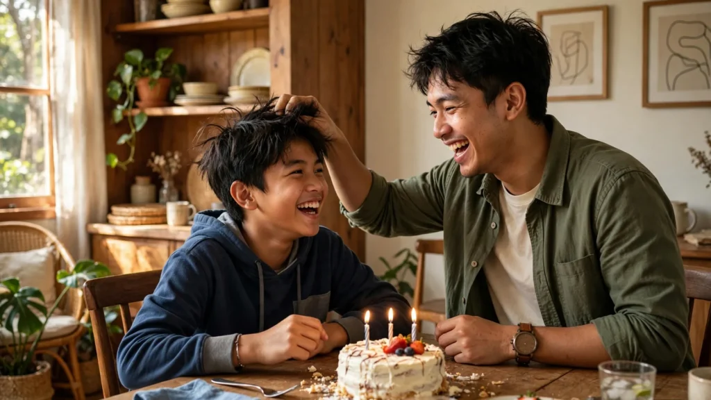 Kakak laki-laki dan adik laki-lakinya tersenyum bersama kue ulang tahun
