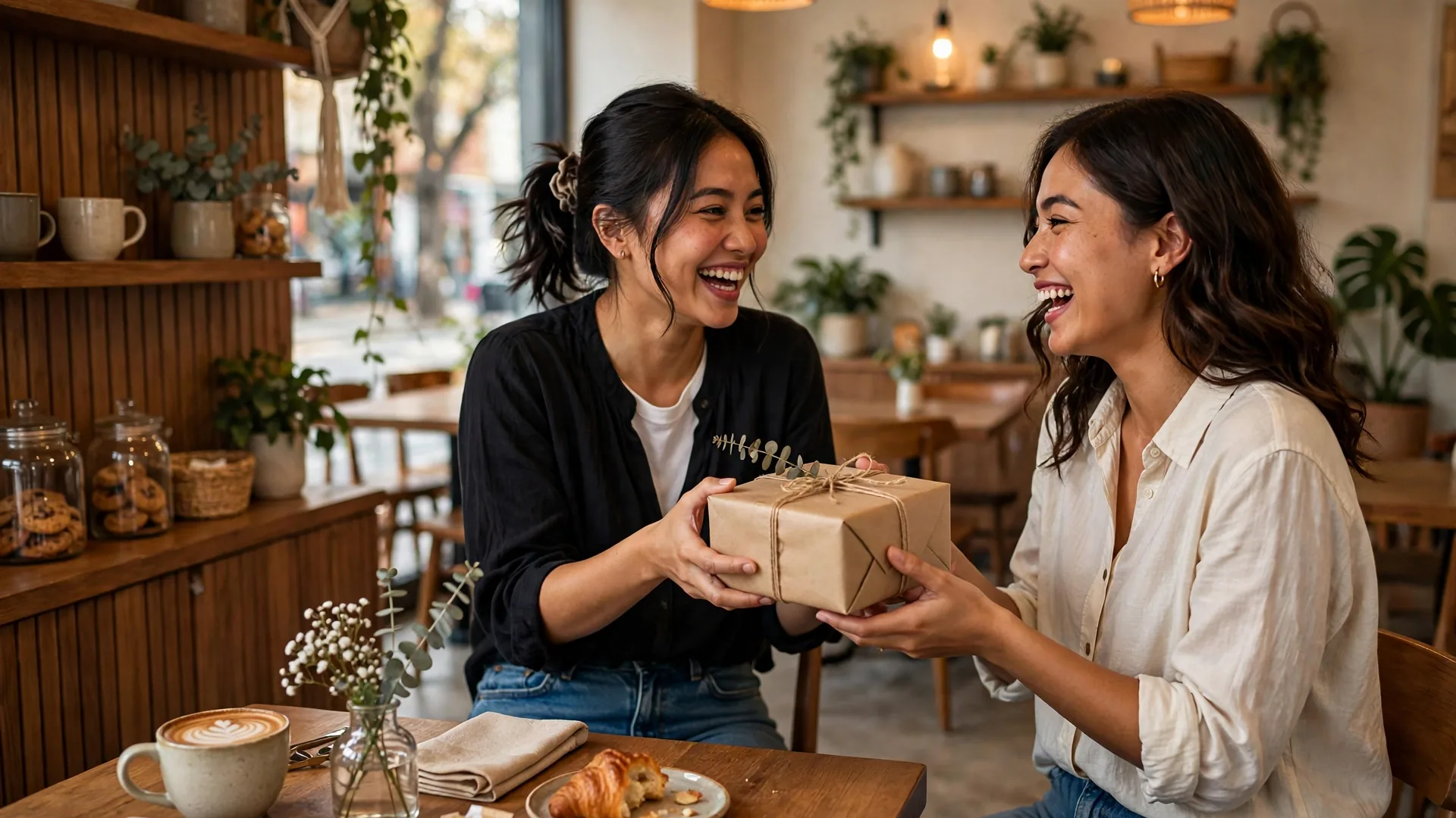 120+ Ucapan Ulang Tahun Terbaik: Sahabat, Pacar & Keluarga 1 Dua sahabat tertawa bahagia saat bertukar kado di kafe
