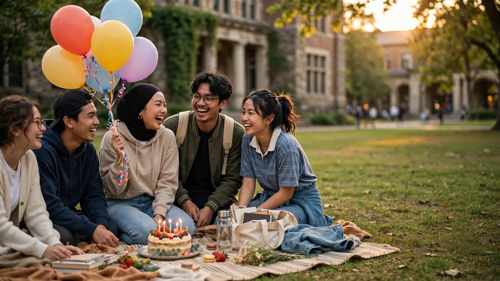 Mahasiswa merayakan ulang tahun teman di halaman kampus sambil memegang balon warna-warni