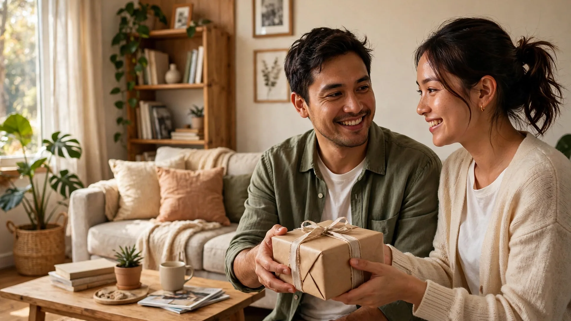Seorang adik perempuan memberikan kado ulang tahun untuk kakak laki-lakinya di ruang keluarga