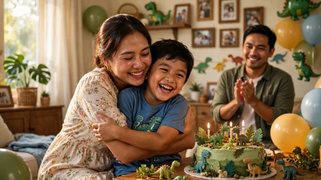 Ucapan Ulang Tahun untuk Anak Laki-Laki: Menyentuh Hati, Lucu & Islami (Tinggal Copy!) 1 Ibu memeluk putranya yang gembira di depan kue ulang tahun dinosaurus