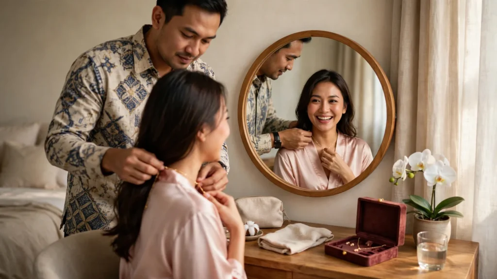Suami memasangkan kalung untuk istri yang tersenyum bahagia terpantul di cermin bundar