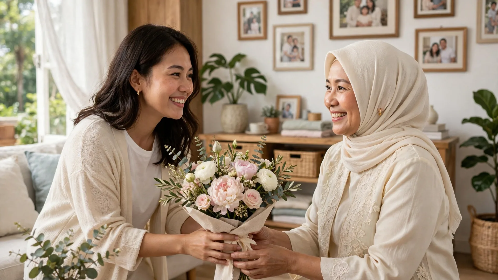 120+ Ucapan Ulang Tahun Terbaik: Sahabat, Pacar & Keluarga 2 Ucapan ulang tahun untuk ibu: anak perempuan memberikan buket bunga segar untuk ibunya di ruang keluarga