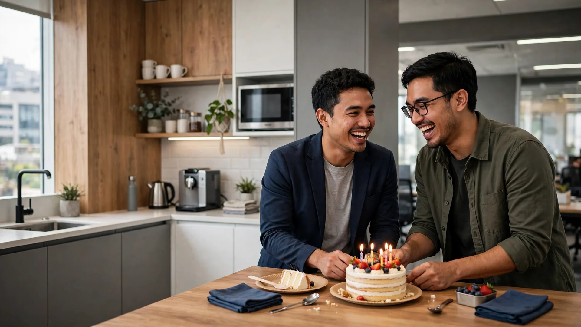Ucapan ulang tahun untuk teman kerja: dua rekan kerja tertawa sambil berbagi kue di pantry kantor