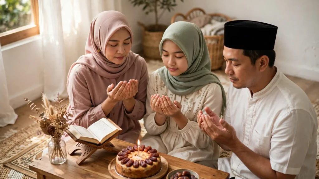 100+ Ucapan Ulang Tahun untuk Anak Perempuan: Menyentuh Hati, Lucu & Islami (Tinggal Copy!) 2 Keluarga berdoa bersama putri berhijab sage di sudut tenang, ucapan ulang tahun untuk anak perempuan