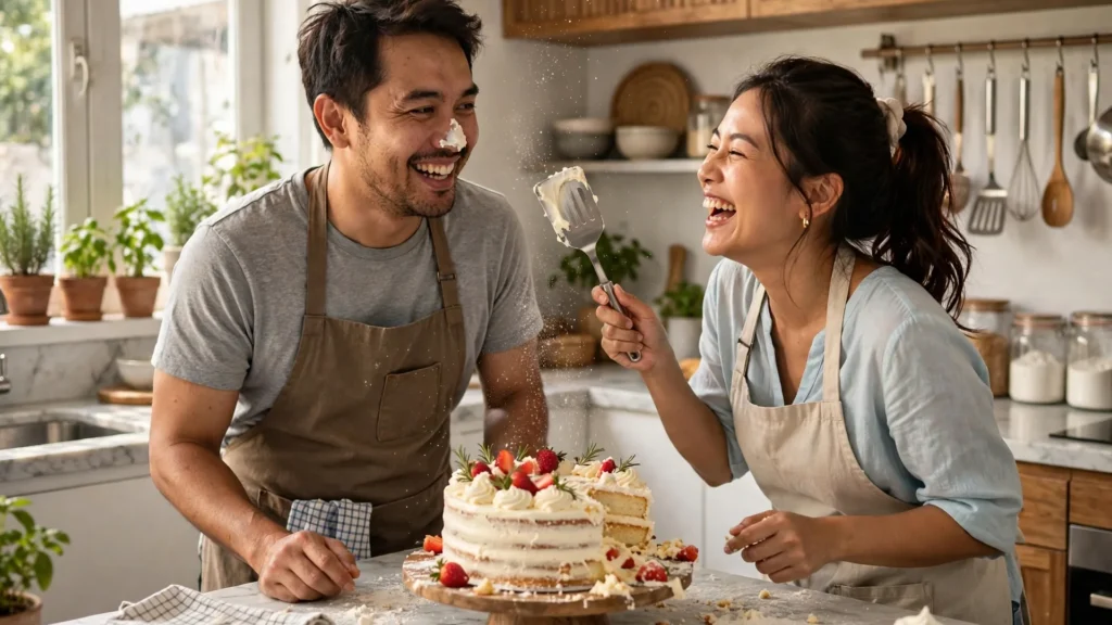 90+ Ucapan Ulang Tahun untuk Istri: Romantis & Lucu 2 Pasangan tertawa lepas membuat kue stroberi di dapur, ucapan ulang tahun untuk istri yang romantis