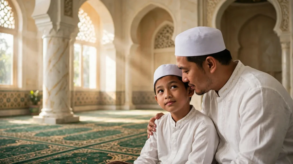 Ucapan Ulang Tahun untuk Anak Laki-Laki: Menyentuh Hati, Lucu & Islami (Tinggal Copy!) 2 Ayah dan anak berdoa di masjid sebagai ucapan ulang tahun untuk anak laki-laki