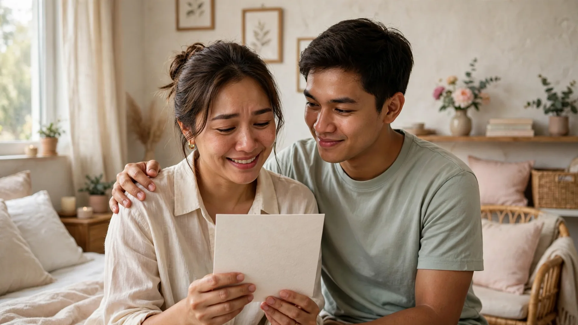 Ucapan ulang tahun untuk kakak yang menyentuh: kakak perempuan membaca kartu ucapan dengan senyum haru