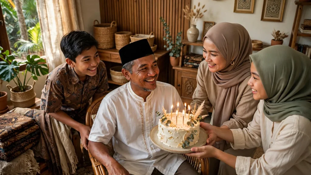 Ucapan ulang tahun untuk ayah: ayah berbaju koko putih dan berpeci hitam menerima kue ulang tahun dari keluarga
