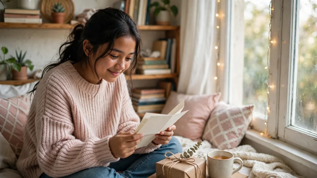 100+ Ucapan Ulang Tahun untuk Anak Perempuan: Menyentuh Hati, Lucu & Islami (Tinggal Copy!) 3 Remaja putri tersenyum membaca surat panjang orang tua di kursi dekat jendela kamar yang nyaman