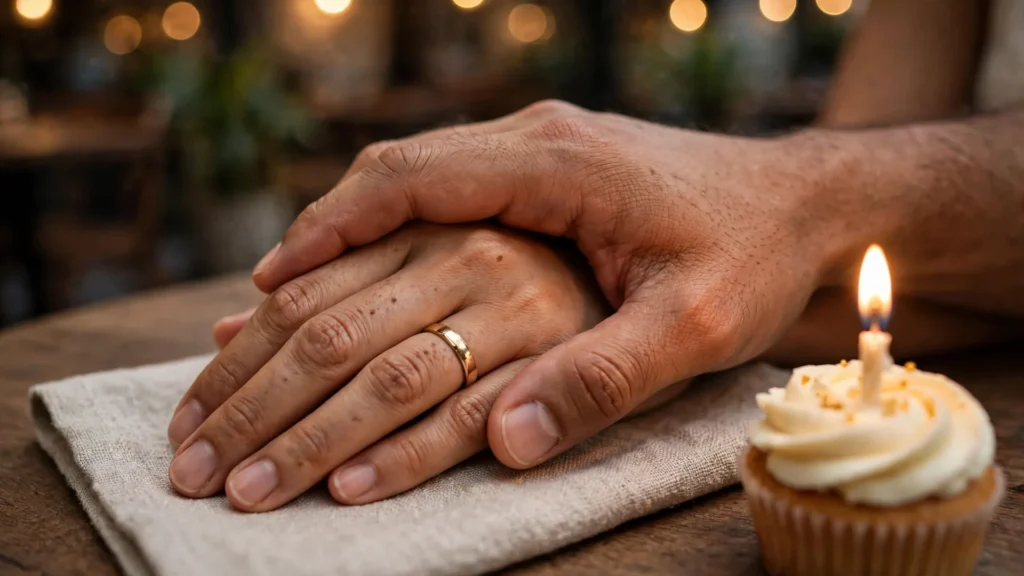 90+ Ucapan Ulang Tahun untuk Istri: Romantis & Lucu 3 Tangan pasangan bertaut dengan cincin kawin di samping cupcake berlilin di kafe