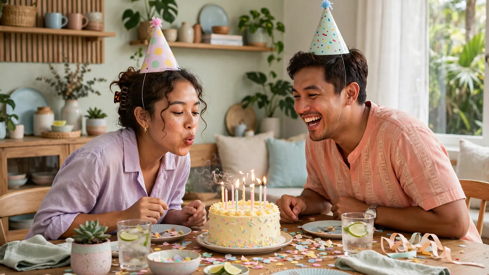 Kakak beradik tertawa bersama memakai topi pesta di sekitar kue ulang tahun