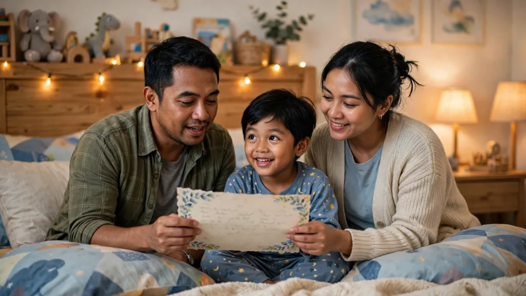 Ucapan Ulang Tahun untuk Anak Laki-Laki: Menyentuh Hati, Lucu & Islami (Tinggal Copy!) 3 Orang tua membacakan surat panjang untuk putranya di kamar tidur