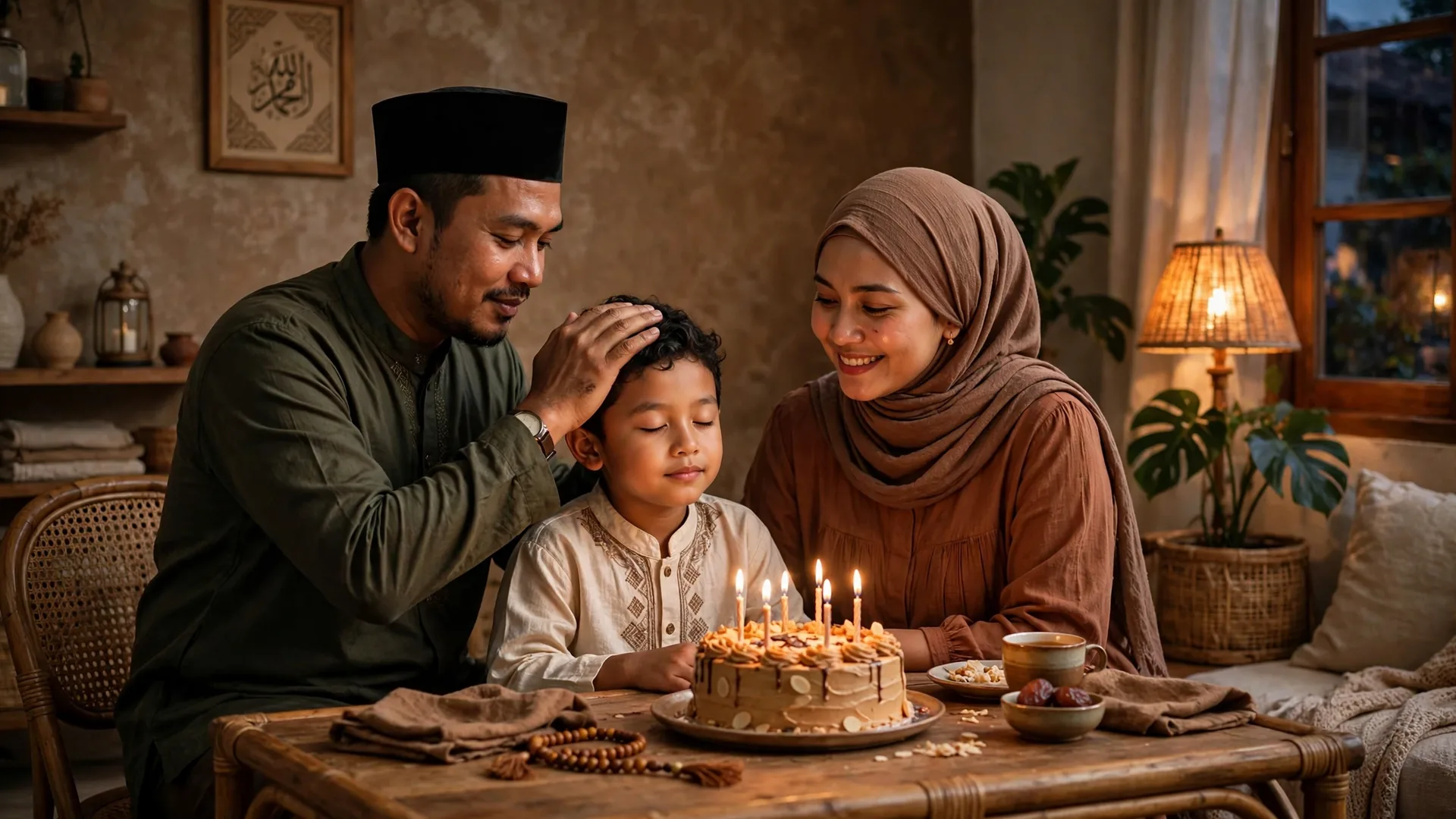 Keluarga muslim berdoa bersama di acara ulang tahun