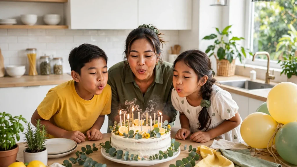 Ibu tertawa bahagia bersama anak-anak di sekitar kue ulang tahun