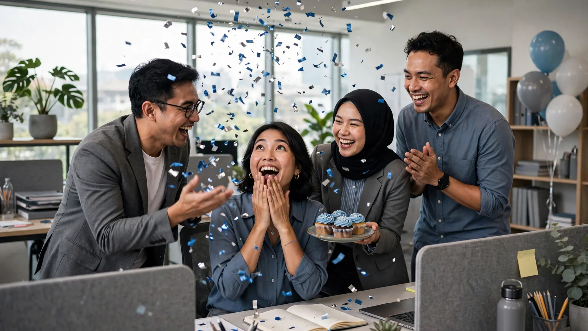 120+ Ucapan Ulang Tahun Terbaik: Sahabat, Pacar & Keluarga 4 Rekan kerja memberi kejutan kue ulang tahun untuk kolega di kantor