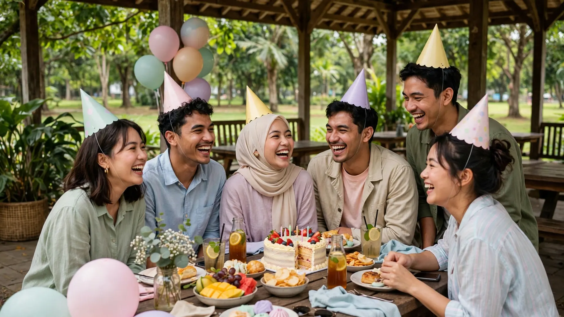 Sekelompok teman tertawa bersama memakai topi pesta di taman