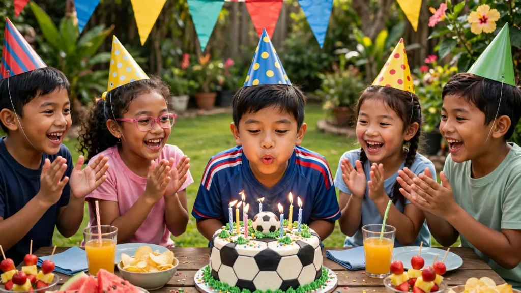 Ucapan Ulang Tahun untuk Anak Laki-Laki: Menyentuh Hati, Lucu & Islami (Tinggal Copy!) 4 Anak meniup lilin kue sepak bola dikelilingi teman-temannya yang ceria