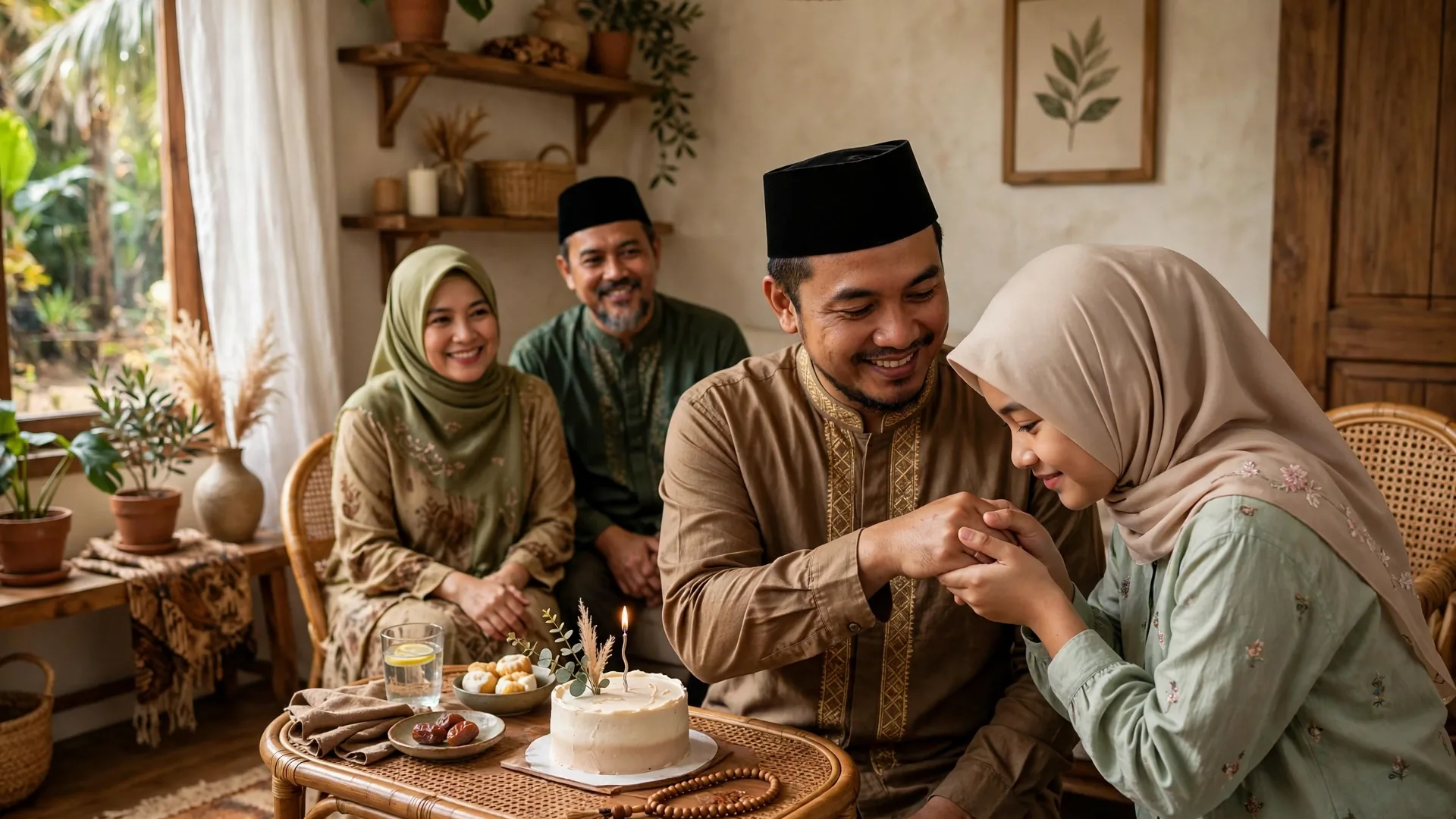Adik bersalaman (salim) dengan kakak laki-laki sebagai berkah ulang tahun islami di rumah