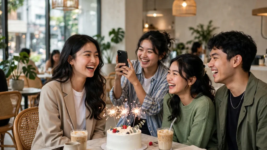 100+ Ucapan Ulang Tahun untuk Anak Perempuan: Menyentuh Hati, Lucu & Islami (Tinggal Copy!) 4 Gadis delapan belas tahun tertawa bersama teman di kafe estetik dengan kue putih berkembang api