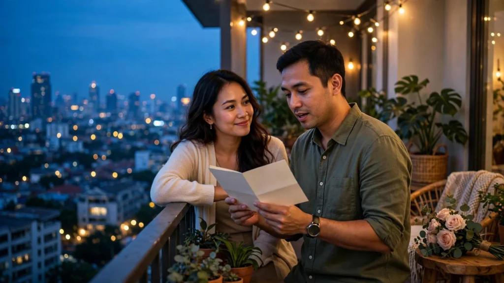 90+ Ucapan Ulang Tahun untuk Istri: Romantis & Lucu 4 Suami membacakan surat cinta untuk istri di balkon saat senja biru dengan lampu hias
