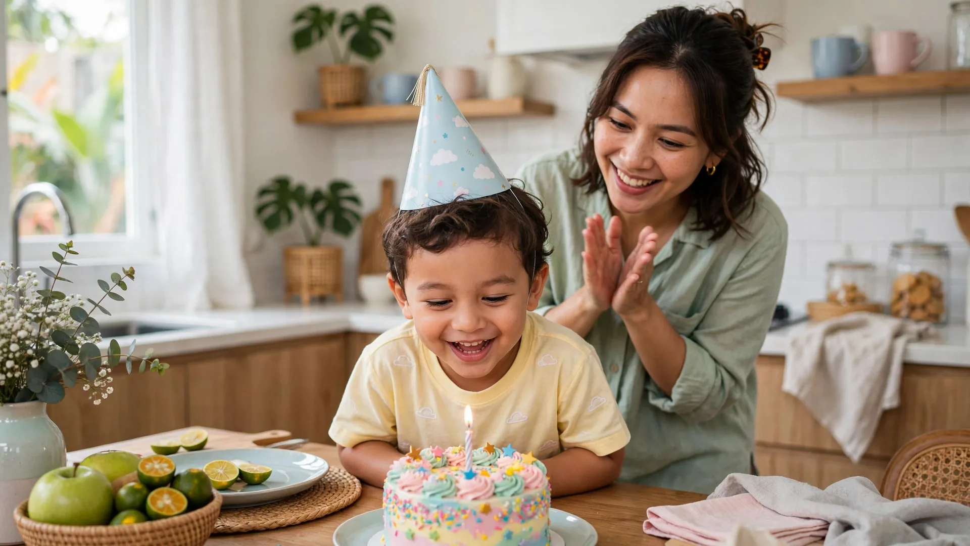 Anak kecil tersenyum dengan kue ulang tahun berlilin satu